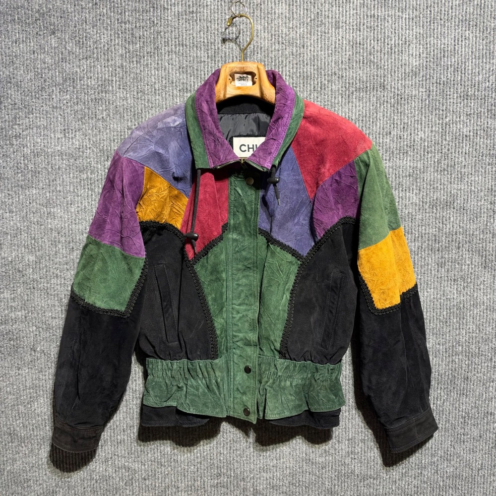 Vintage Chia Patchwork Suede Bomber Jacket Womens Medium Multicolor Colorblock